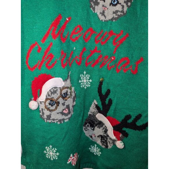Ugly Christmas Sweater XL Meowy Christmas Cat Kitten Santa Claus No Boundaries - Picture 3 of 7